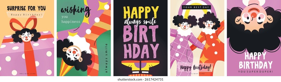 Bright holiday posters with clowns. A set of greeting cards with funny cartoon characters.