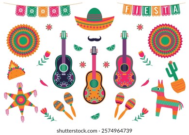 Bright holiday set, Cinco de Mayo, Mexican Fista. Vector illustration isolated on white background.	