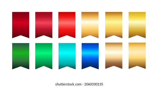 Bright holiday vector flags, ribbons set. Abstract color red, gold, blue, golden, aquamarine, turquoise gradients. Modern gradient collection. 