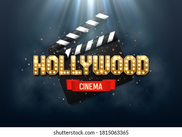 Bright Hollywood sign with a clapperboard. Movie banner or poster in retro style. Vector illustration.