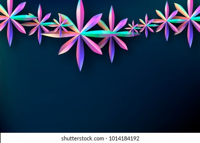 Bright Holographic Flowers. Happy Womens Day. International 8 March. Mothers Day. Modern Paper cut Futuristic Floral Greetings card. Spring blossom decor on dark .Text. Holidays