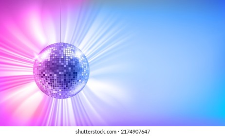 Bright holographic glowing studio with glowing disco ball. Vector 3d banner with copy space