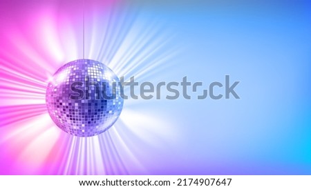 Bright holographic glowing studio with glowing disco ball. Vector 3d banner with copy space