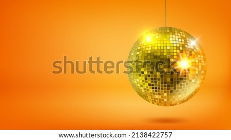 Bright holographic glowing studio with glowing golden disco ball. Vector 3d banner with copy space
