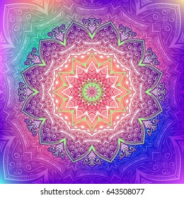 Bright holographic hand drawn mandala ornament.Mehndi, henna pattern. Can be used for textiles, printing on phone, yoga Mat, coloring.