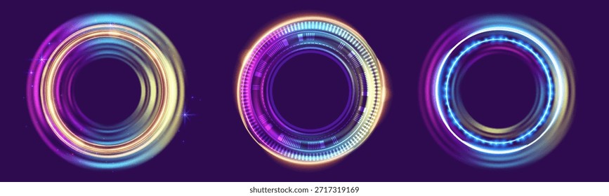 Bright holographic rings hover in a digital landscape, forming a surreal and futuristic tech composition