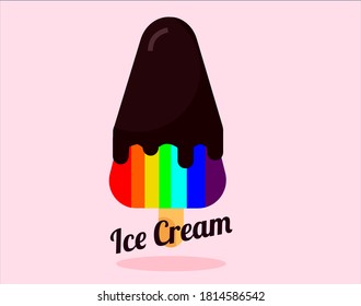 Bright homemade frozen rainbow popsicle. Fruity ice cream in chocolate glaze on a pink background.