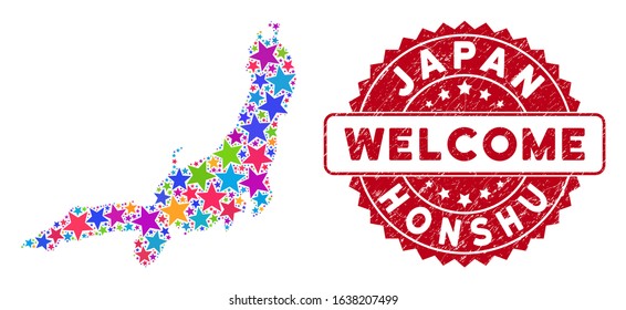 Bright Honshu Island map collage of stars, and scratched round red WELCOME stamp seal. Abstract territory plan in colorful color tones. Vector Honshu Island map is designed of colorful stars.