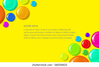 Bright horizontal background with glossy nail polish blots on yellow background. Vector illustration for your graphic design.