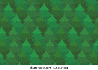 Bright horizontal background with green overlapping coniferous trees. Cute Christmas firs or pines texture for banner, surface design, wallpaper, New Year greeting cards