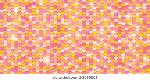 Bright horizontal background with metallic sequins in yellow, pink, peach and orange. Scale texture, fabric imitation, textile