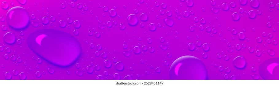 Bright horizontal banner with clear water droplets and puddles pattern on violet background. Realistic 3d vector illustration of smooth glass or window surface with wet weather fresh raindrops.