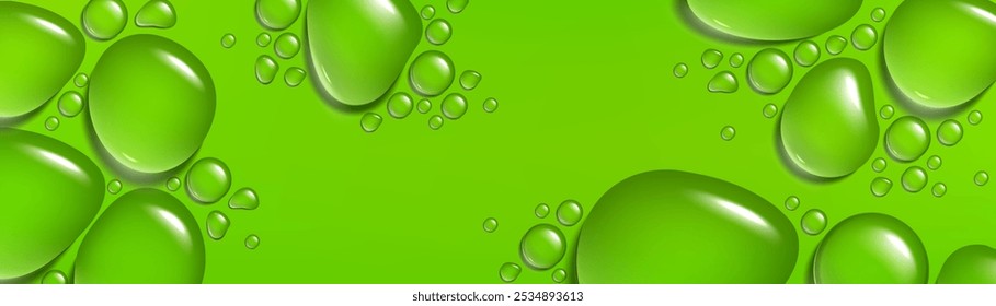 Bright horizontal banner with clear water droplets and puddles pattern on violet background. Realistic 3d vector illustration of smooth glass or window surface with wet weather fresh raindrops.