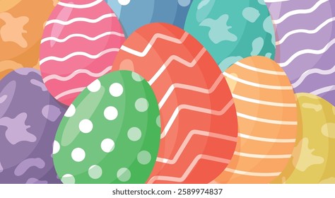 Bright horizontal banner with Easter colorful eggs in a playful style. Easter background for websites, advertising, discounts, invitations