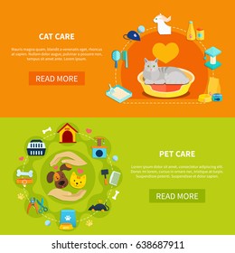 Bright horizontal banners with various accessories for pet care at home flat isolated vector illustration