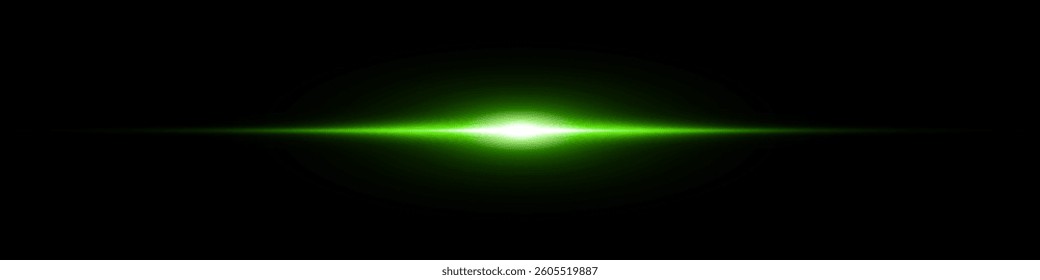 Bright horizontal beam of light on black background. Glowing laser effect creating futuristic and sci-fi aesthetics. Suitable for technology, energy, speed and digital design themes.