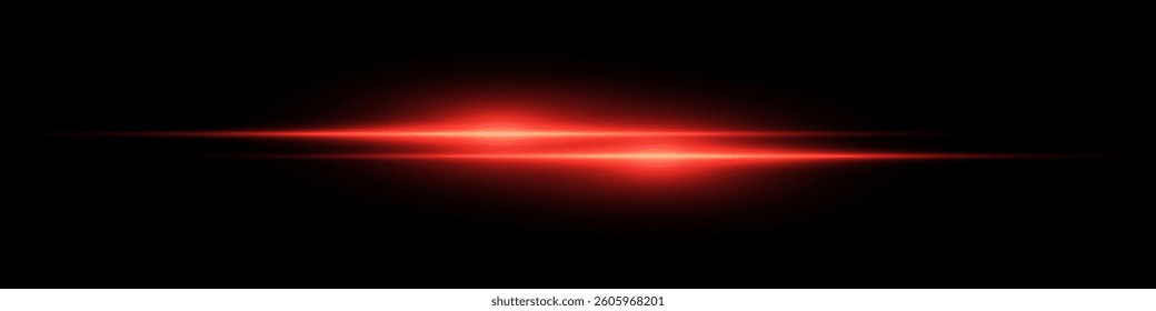 Bright horizontal beam of light on black background. Glowing laser effect creating futuristic and sci-fi aesthetics. Suitable for technology, energy, speed and digital design themes.