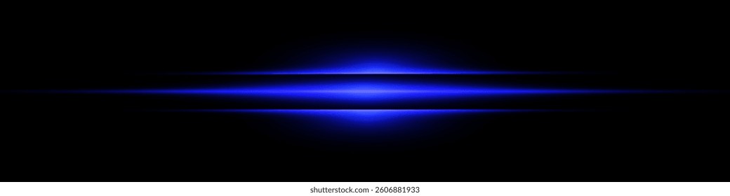 Bright horizontal beam of light on black background. Glowing laser effect creating futuristic and sci-fi aesthetics. Suitable for technology, energy, speed and digital design themes.