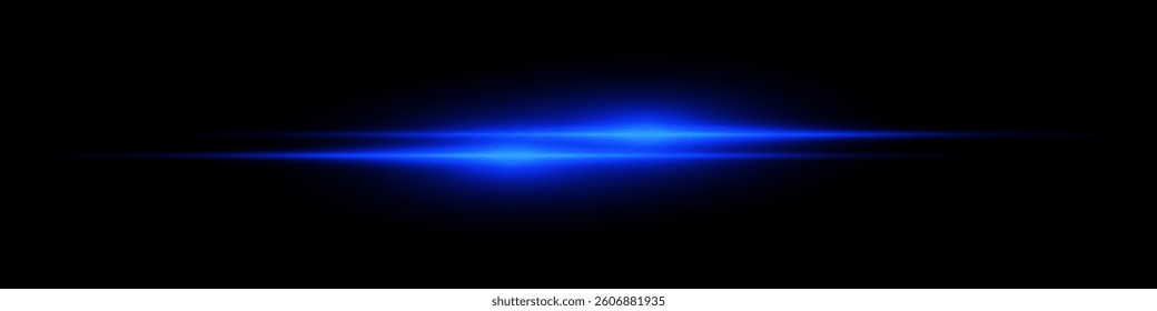 Bright horizontal beam of light on black background. Glowing laser effect creating futuristic and sci-fi aesthetics. Suitable for technology, energy, speed and digital design themes.