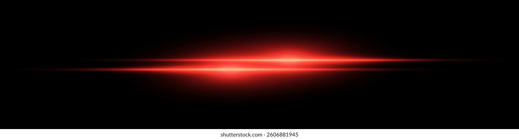 Bright horizontal beam of light on black background. Glowing laser effect creating futuristic and sci-fi aesthetics. Suitable for technology, energy, speed and digital design themes.