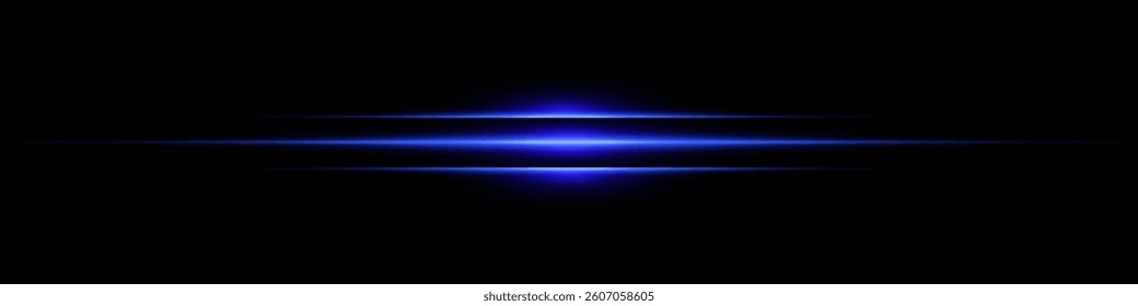 Bright horizontal beam of light on black background. Glowing laser effect creating futuristic and sci-fi aesthetics. Suitable for technology, energy, speed and digital design themes.