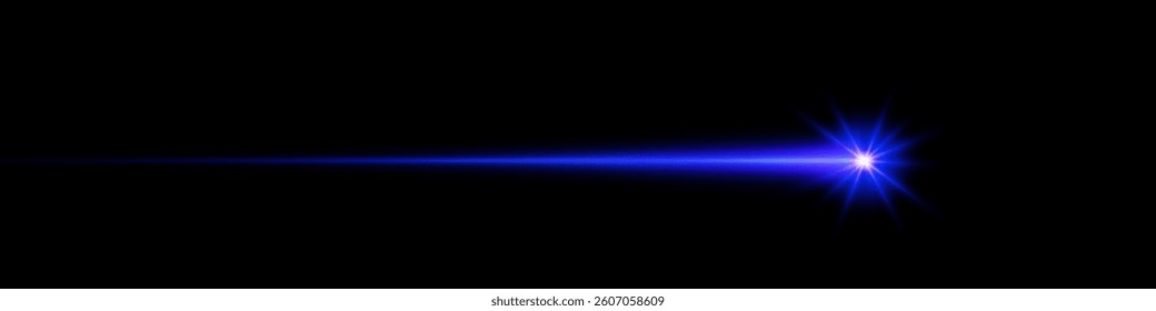 Bright horizontal beam of light on black background. Glowing laser effect creating futuristic and sci-fi aesthetics. Suitable for technology, energy, speed and digital design themes.