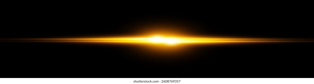 Bright horizontal beam of light on black background. Glowing laser effect creating futuristic and sci-fi aesthetics. Suitable for technology, energy, speed and digital design themes.