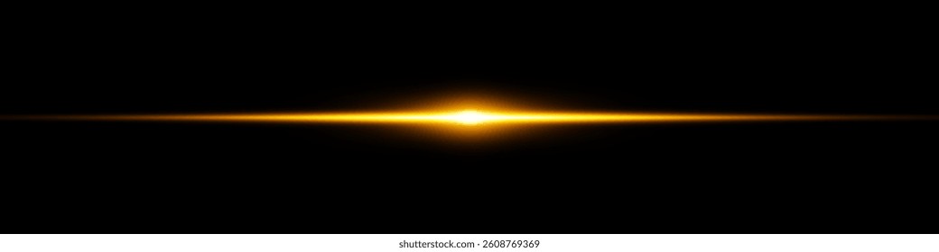 Bright horizontal beam of light on black background. Glowing laser effect creating futuristic and sci-fi aesthetics. Suitable for technology, energy, speed and digital design themes.