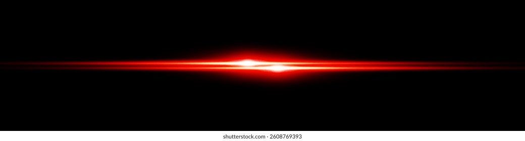 Bright horizontal beam of light on black background. Glowing laser effect creating futuristic and sci-fi aesthetics. Suitable for technology, energy, speed and digital design themes.