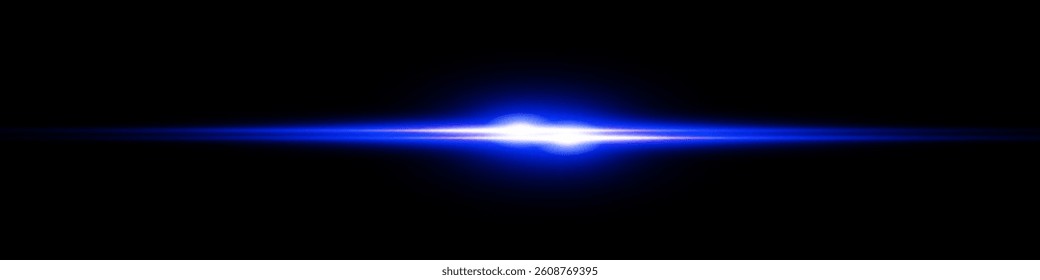 Bright horizontal beam of light on black background. Glowing laser effect creating futuristic and sci-fi aesthetics. Suitable for technology, energy, speed and digital design themes.