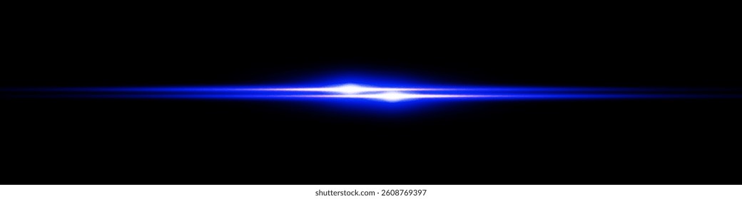 Bright horizontal beam of light on black background. Glowing laser effect creating futuristic and sci-fi aesthetics. Suitable for technology, energy, speed and digital design themes.
