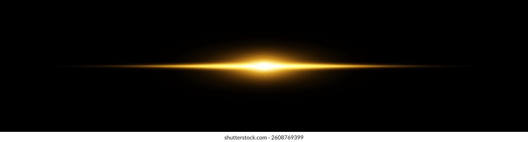 Bright horizontal beam of light on black background. Glowing laser effect creating futuristic and sci-fi aesthetics. Suitable for technology, energy, speed and digital design themes.