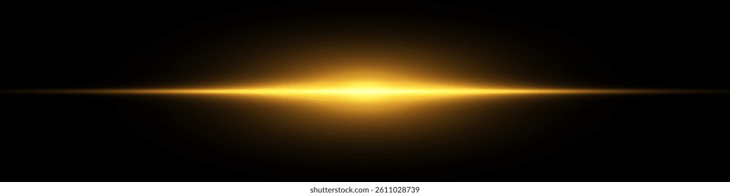 Bright horizontal beam of light on black background. Glowing laser effect creating futuristic and sci-fi aesthetics. Suitable for technology, energy, speed and digital design themes.