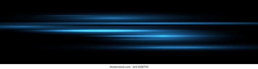 Bright horizontal beam of light on black background. Glowing laser effect creating futuristic and sci-fi aesthetics. Suitable for technology, energy, speed and digital design themes.