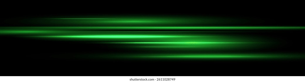 Bright horizontal beam of light on black background. Glowing laser effect creating futuristic and sci-fi aesthetics. Suitable for technology, energy, speed and digital design themes.
