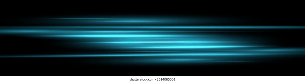 Bright horizontal beam of light on black background. Glowing laser effect creating futuristic and sci-fi aesthetics. Suitable for technology, energy, speed and digital design themes.