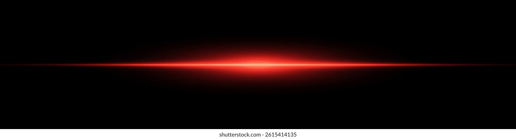 Bright horizontal beam of light on black background. Glowing laser effect creating futuristic and sci-fi aesthetics. Suitable for technology, energy, speed and digital design themes.