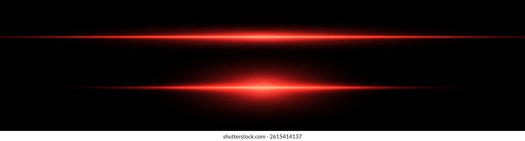 Bright horizontal beam of light on black background. Glowing laser effect creating futuristic and sci-fi aesthetics. Suitable for technology, energy, speed and digital design themes.