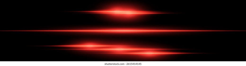 Bright horizontal beam of light on black background. Glowing laser effect creating futuristic and sci-fi aesthetics. Suitable for technology, energy, speed and digital design themes.