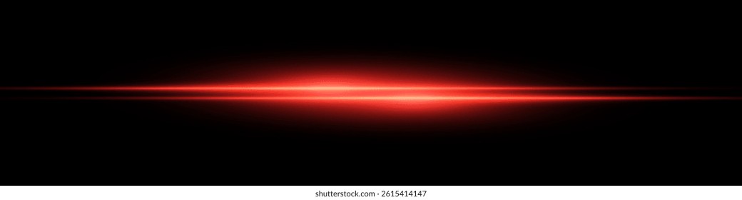 Bright horizontal beam of light on black background. Glowing laser effect creating futuristic and sci-fi aesthetics. Suitable for technology, energy, speed and digital design themes.