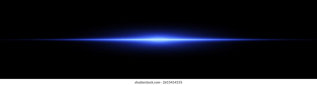 Bright horizontal beam of light on black background. Glowing laser effect creating futuristic and sci-fi aesthetics. Suitable for technology, energy, speed and digital design themes.