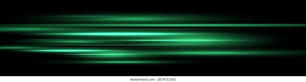 Bright horizontal beam of light on black background. Glowing laser effect creating futuristic and sci-fi aesthetics. Suitable for technology, energy, speed and digital design themes.
