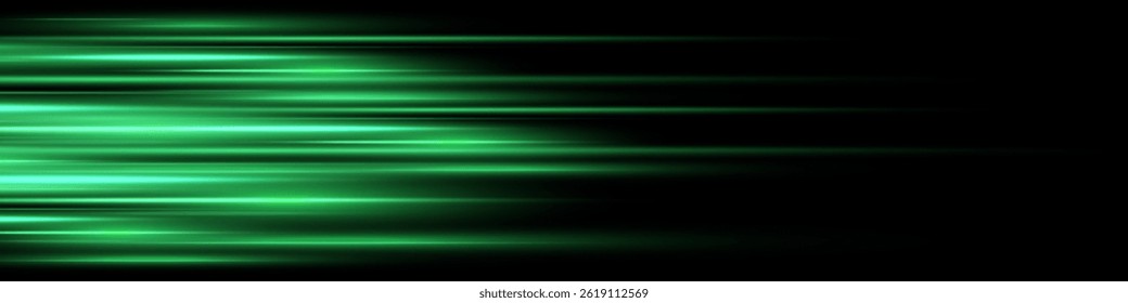 Bright horizontal beam of light on black background. Glowing laser effect creating futuristic and sci-fi aesthetics. Suitable for technology, energy, speed and digital design themes.
