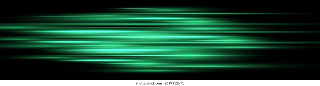 Bright horizontal beam of light on black background. Glowing laser effect creating futuristic and sci-fi aesthetics. Suitable for technology, energy, speed and digital design themes.

