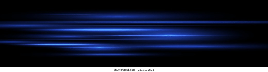 Bright horizontal beam of light on black background. Glowing laser effect creating futuristic and sci-fi aesthetics. Suitable for technology, energy, speed and digital design themes.
