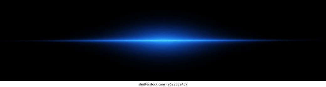 Bright horizontal beam of light on black background. Glowing laser effect creating futuristic and sci-fi aesthetics. Suitable for technology, energy, speed and digital design themes.