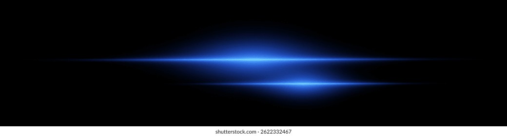 Bright horizontal beam of light on black background. Glowing laser effect creating futuristic and sci-fi aesthetics. Suitable for technology, energy, speed and digital design themes.
