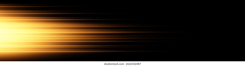 Bright horizontal beam of light on black background. Glowing laser effect creating futuristic and sci-fi aesthetics. Suitable for technology, energy, speed and digital design themes.