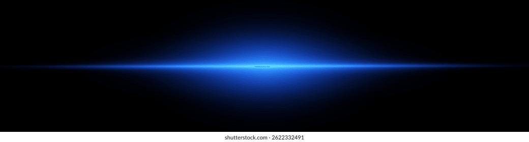 Bright horizontal beam of light on black background. Glowing laser effect creating futuristic and sci-fi aesthetics. Suitable for technology, energy, speed and digital design themes.
