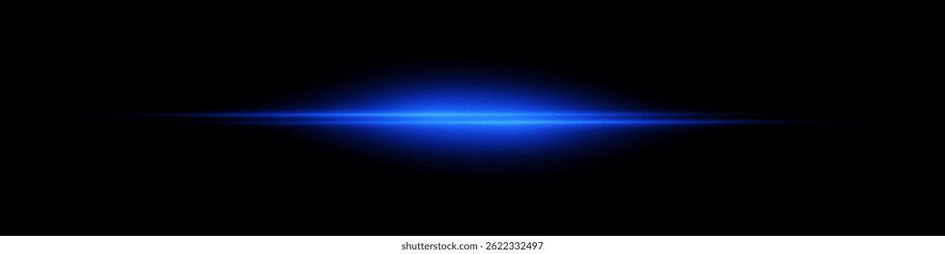 Bright horizontal beam of light on black background. Glowing laser effect creating futuristic and sci-fi aesthetics. Suitable for technology, energy, speed and digital design themes.